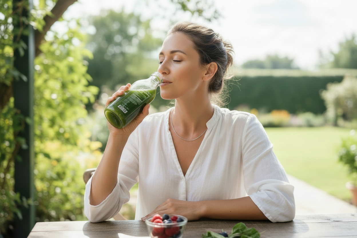Woman drinking chlorophyll