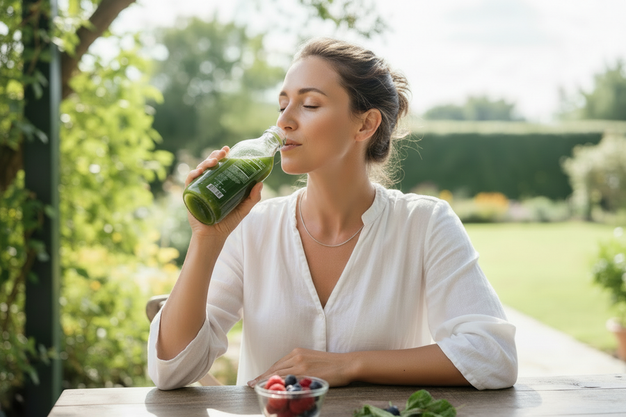 Woman drinking chlorophyll