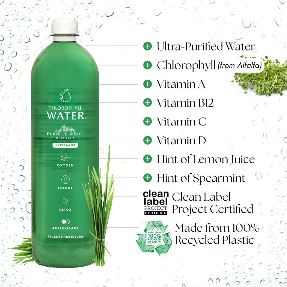 Chlorophyll Water® 1 Liter (Case of 6) Chlorophyll and Ultra-Purified Water with Essential Plant-Based Vitamins A, B12, C & D3. - Chlorophyll Water 