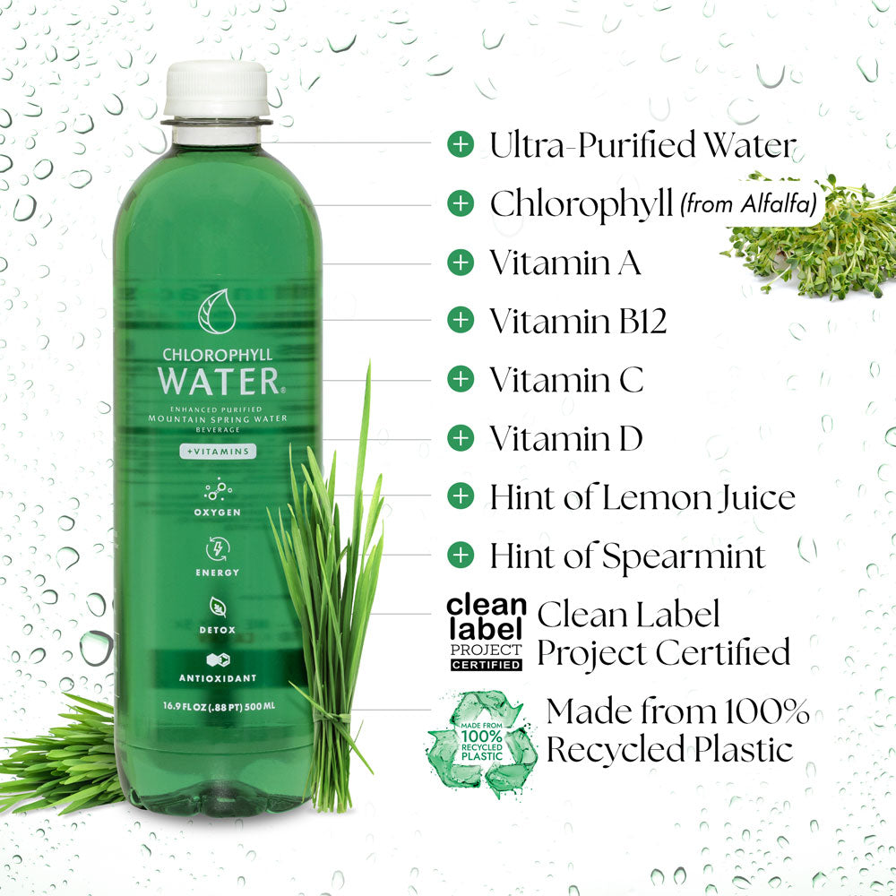 Chlorophyll Water® (Case of 12): Chlorophyll & Ultra-Purified Water with Essential Plant-Based Vitamin A, B12, C & D3 - Chlorophyll Water 