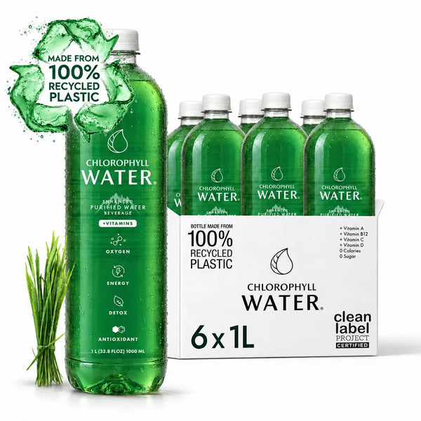 Chlorophyll Water® 1 Liter (Case of 6) Chlorophyll and Ultra-Purified Water with Essential Plant-Based Vitamins A, B12, C & D3.