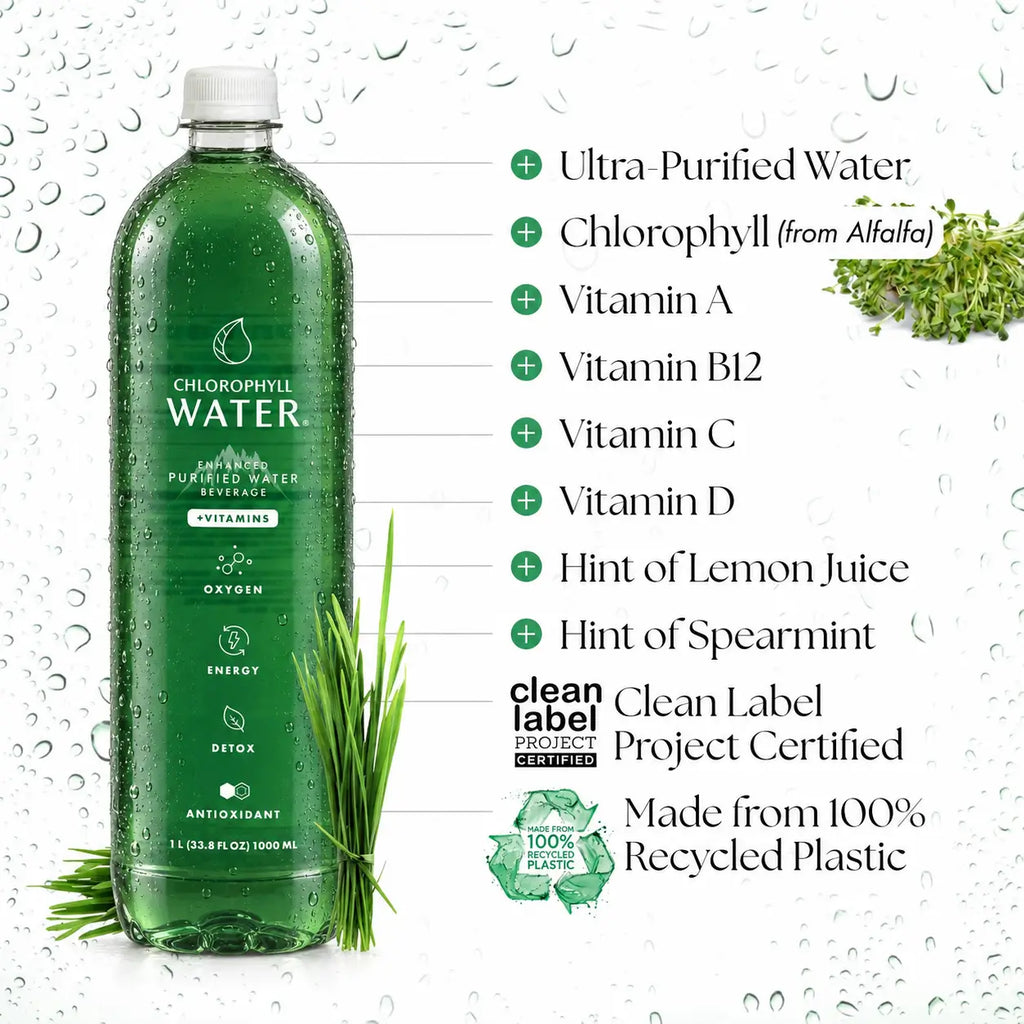 Chlorophyll Water® 1 Liter (Case of 6) Chlorophyll and Ultra-Purified Water with Essential Plant-Based Vitamins A, B12, C & D3.